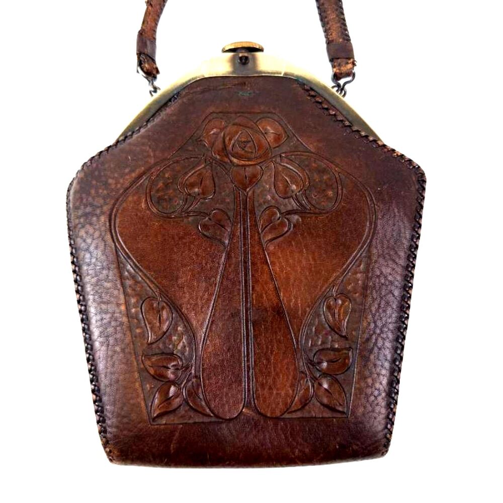 Vintage Purse Tooled Leather Antique Ellen Larson Embossed Frame